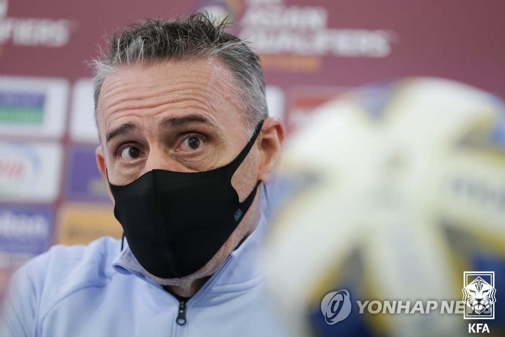 Paulo Bento, head coach of the South Korean men's national football team, speaks at a press conference at the National Football Center in Paju, Gyeonggi Province, on Nov. 10, 2021, in this photo provided by the Korea Football Association. (PHOTO NOT FOR SALE) (Yonhap)