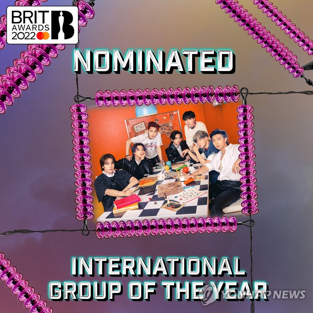This image, provided by Big Hit Music on Dec. 19, 2021, celebrates BTS' nomination for the International Group of the Year section of the BRIT Awards 2022. The K-pop superband was nominated for a second straight year for the top British pop music awards. (PHOTO NOT FOR SALE) (Yonhap)