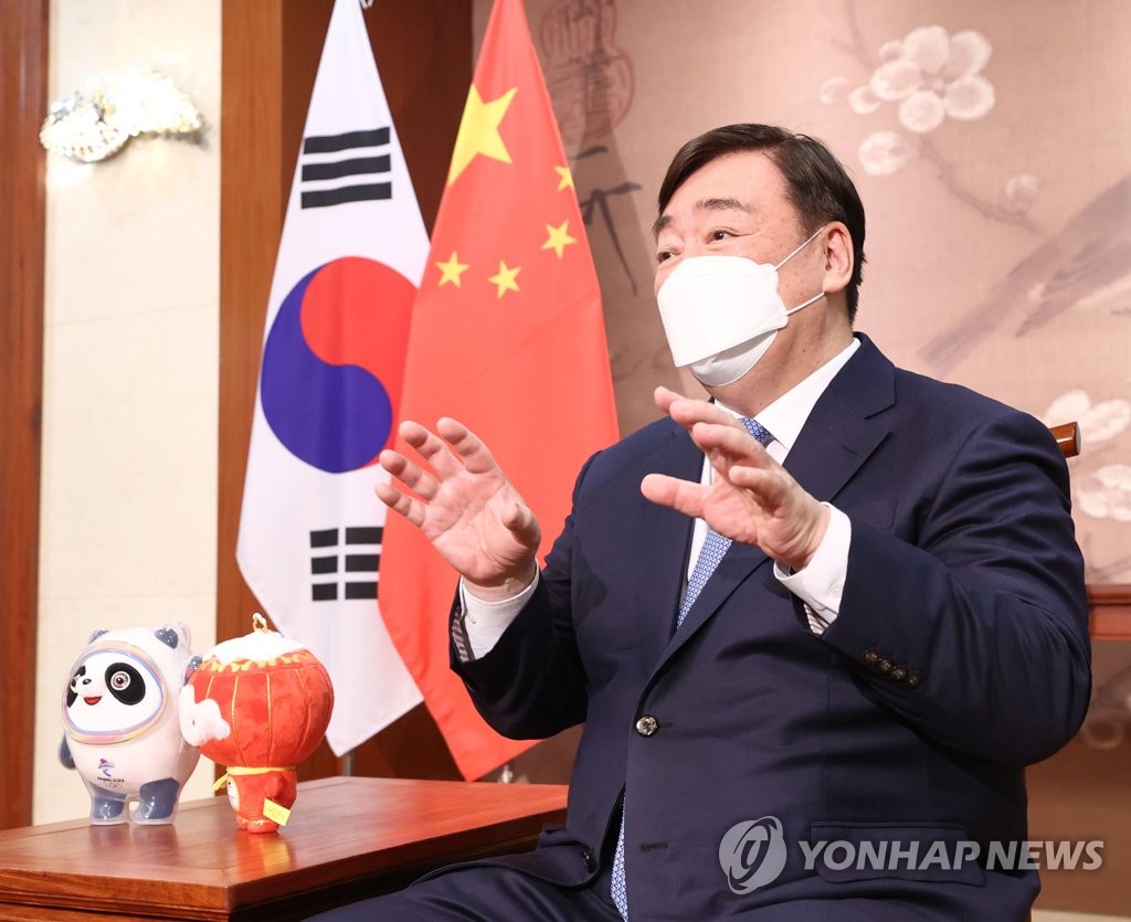 Xing Haiming, China's ambassador to South Korea, speaks during an interview with Yonhap News Agency at the Chinese Embassy in Seoul, in this Jan. 5, 2022, file photo. (Yonhap) 