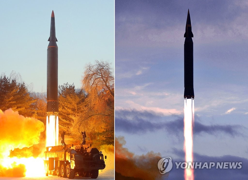 L'Agence centrale de presse nord-coréenne (KCAN) a rapporté le jeudi 6 janvier 2022 que l'Académie des sciences de défense (ADS) a effectué la veille un tir d'essai de missile hypersonique (à g.). Le premier tir de missile hypersonique connu sous le nom de Hwasong-8 remonte au 28 septembre 2021 (à dr.). Les deux se ressemblent mais leurs têtes présentent une différence. (Utilisation en Corée du Sud uniquement et redistribution interdite)