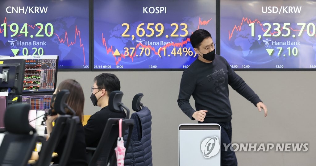 This photo, taken March 16, 2022, shows a dealing room at Hana Bank in Seoul. (Yonhap)