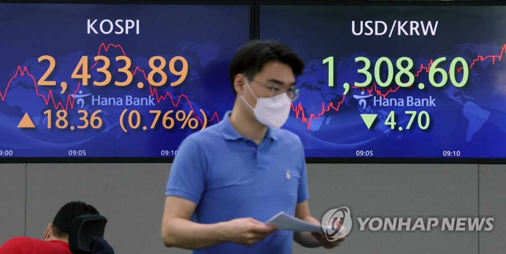 This photo, taken July 28, 2022, shows movements of South Korea's stocks and currency on monitors at a Hana Bank dealing room in Seoul. (Yonhap)