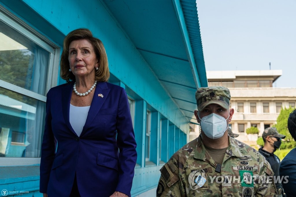 Nancy Pelosi (L), speaker of the U.S. House of Representatives, visits the inter-Korean truce village of Panmunjom on Aug. 4, 2022, in this photo posted on her Facebook account. (PHOTO NOT FOR SALE) (Yonhap) 