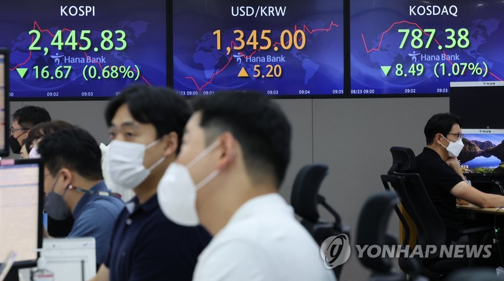 This photo, taken Aug. 23, 2022, shows stock and currency movements on electronic signboards at a Hana Bank dealing room in Seoul. (Yonhap)