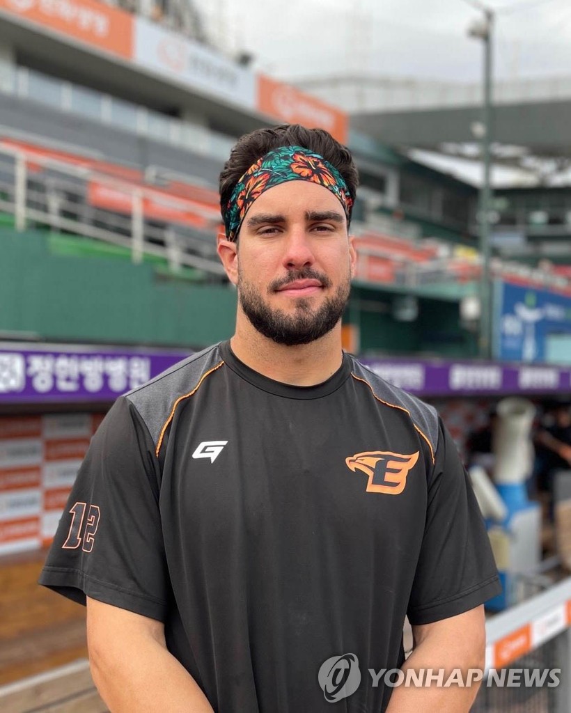 Mike Tauchman of the Hanwha Eagles poses outside his dugout at Hanwha Life Eagles Park in Daejeon, 160 kilometers south of Seoul, during an interview with Yonhap News Agency on Sept. 20, 2022. (Yonhap)
