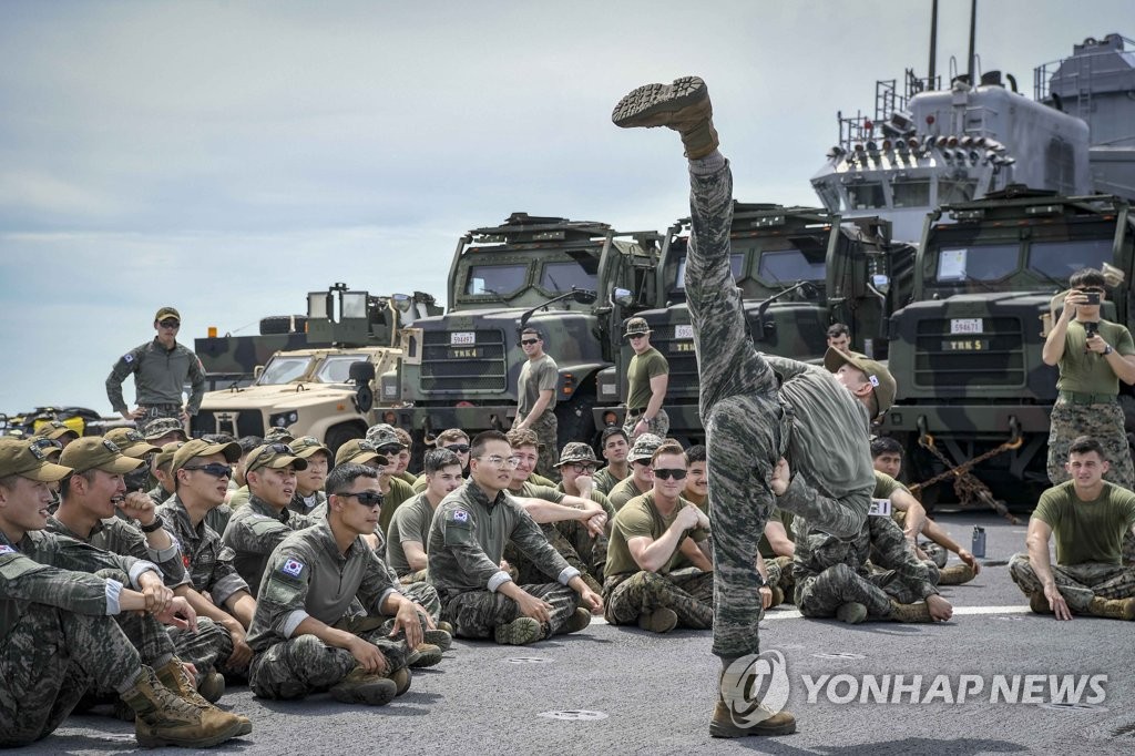 태권도 시범을 보이는 한국 해병대 장병