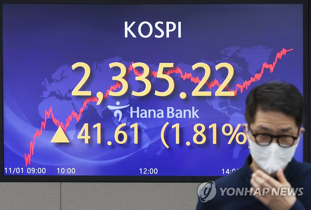 A screen at a dealing room in Hana Bank shows the KOSPI index on Nov. 1, 2022. (Yonhap)