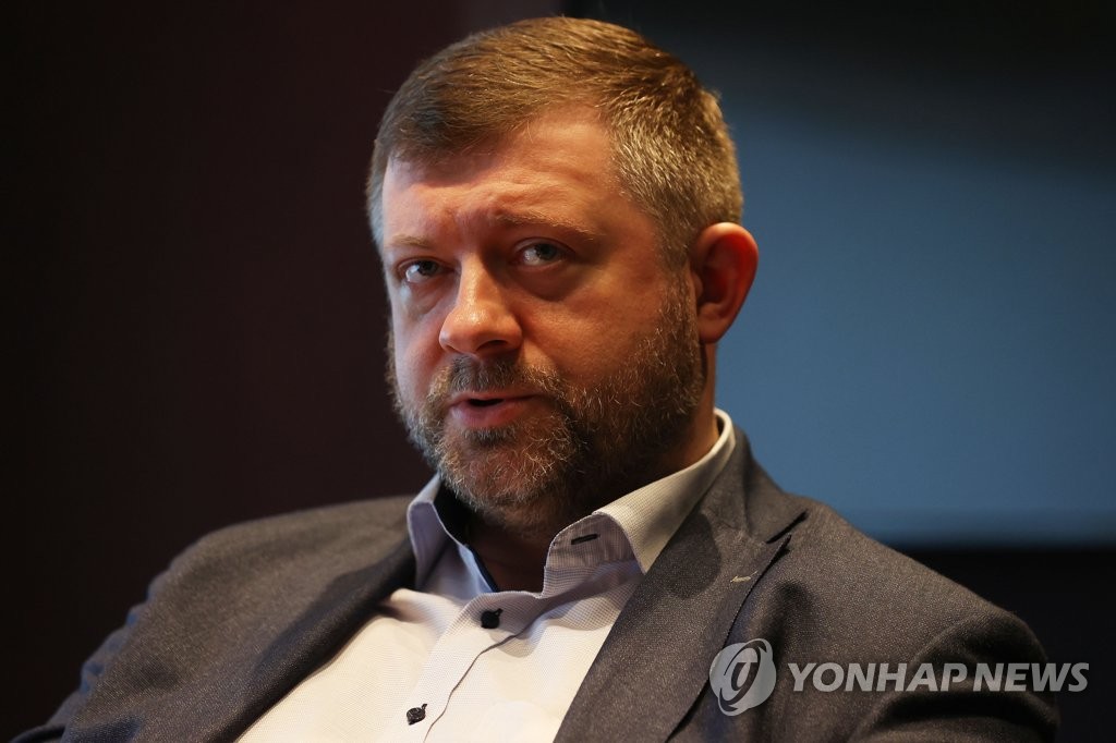 Oleksandr Kornienko, first deputy chairman of the Ukraine parliament of Verkhovna Rada, speaks during an interview with Yonhap News Agency at a hotel in Seoul on Nov. 24, 2022. (Yonhap)