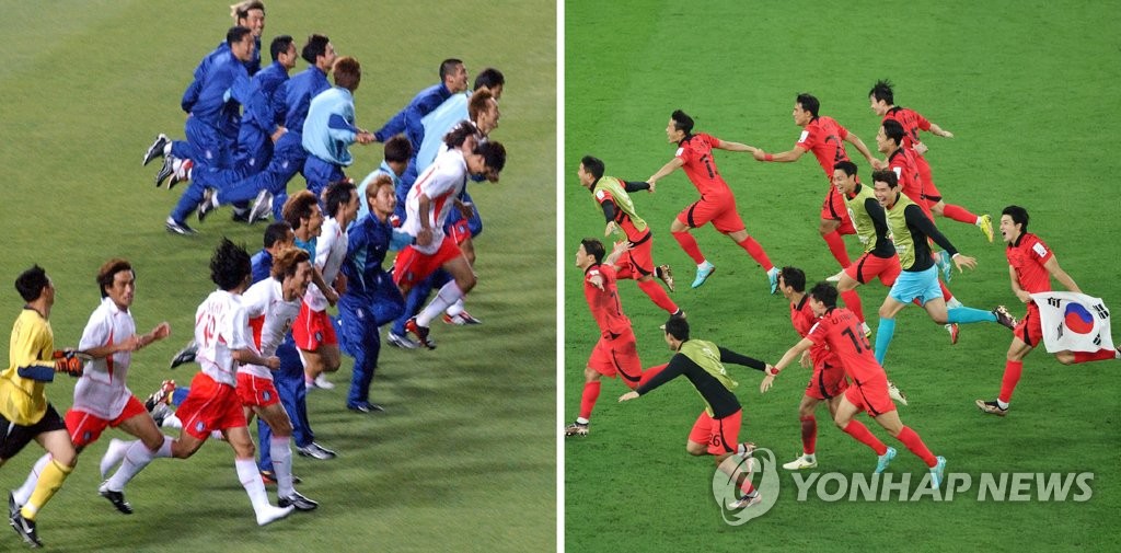 This composite photo shows South Korean players celebrating their advance to the round of 16 at the 2002 FIFA World Cup in South Korea (L) and the 2022 tournament in Qatar. (Yonhap)