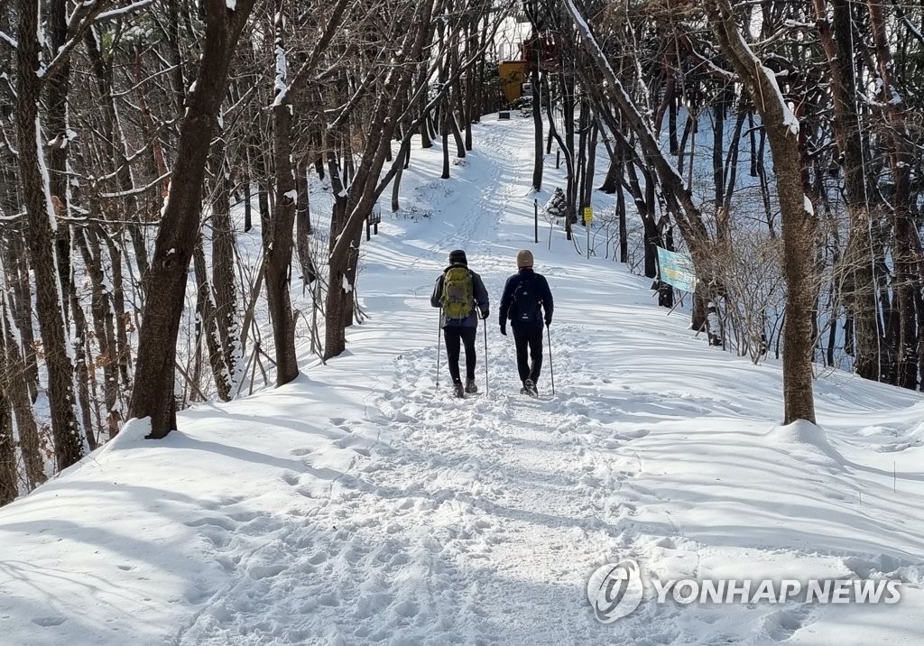 눈 덮인 '충남의 알프스' 칠갑산 오르는 등산객