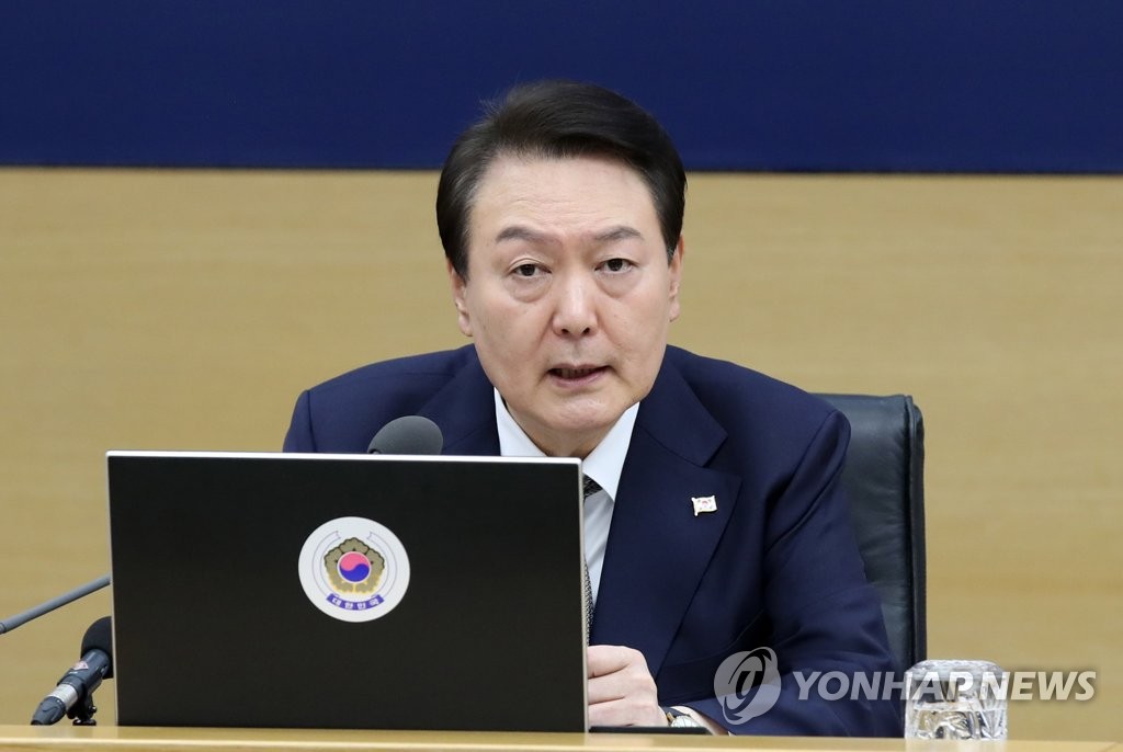 President Yoon Suk Yeol speaks during a Cabinet meeting at the government complex in Sejong, central South Korea, on Feb. 7, 2023. (Pool photo) (Yonhap)