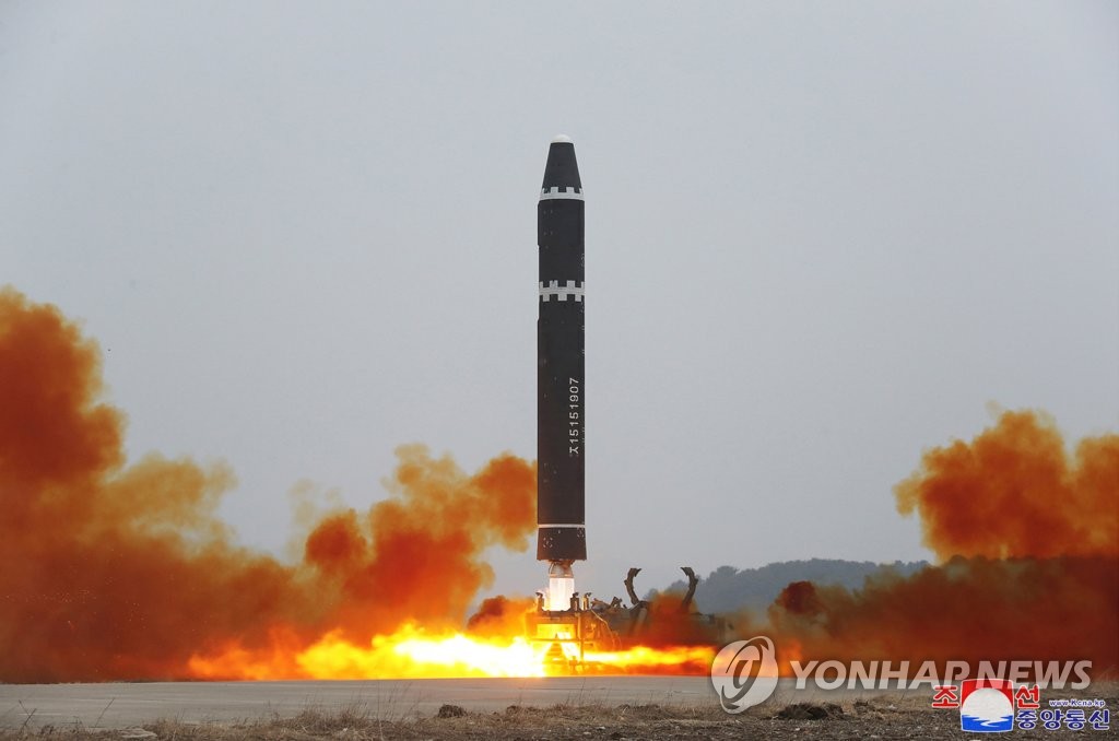This photo, carried by North Korea's official Korean Central News Agency on Feb. 19, 2023, shows the North's launch of a Hwasong-15 intercontinental ballistic missile on a lofted angle the previous day. (For Use Only in the Republic of Korea. No Redistribution) (Yonhap)