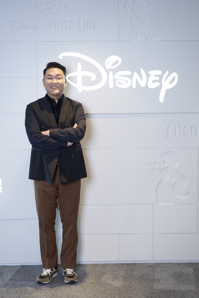 South Korean rapper Psy poses for a photo during an online press conference on May 9, 2023, in this photo provided by the Walt Disney Company Korea. (PHOTO NOT FOR SALE) (Yonhap)
