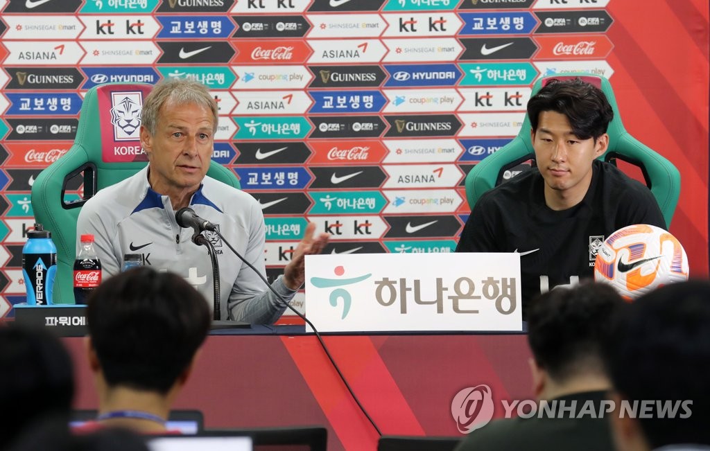 South Korea head coach Jurgen Klinsmann (L) and his captain Son Heung-min attend a press conference at Daejeon World Cup Stadium in the central city of Daejeon on June 19, 2023, the eve of South Korea's friendly football match against El Salvador. (Yonhap)