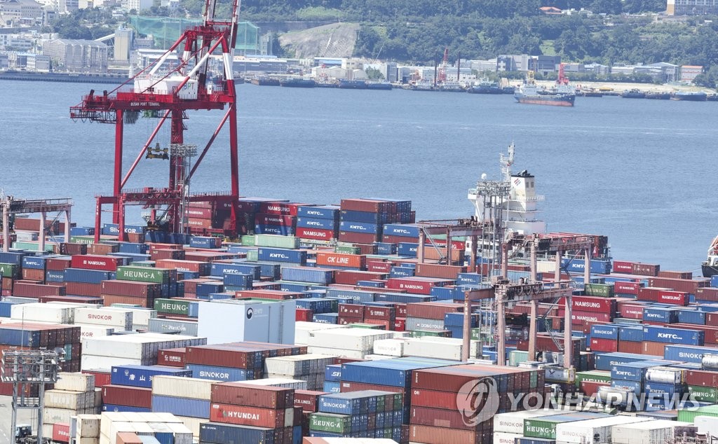 Containers are stacked at a pier in the southeastern port city of Busan on Aug. 1, 2023. (Yonhap)
