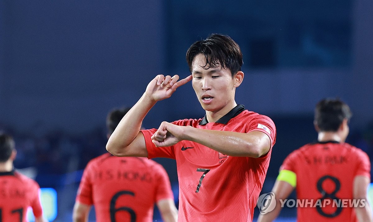 Jeong Woo-yeong of South Korea celebrates after scoring against Uzbekistan during the teams' semifinals match of the men's football tournament at Huanglong Sports Centre Stadium in Hangzhou, China, on Oct. 4, 2023. (Yonhap)