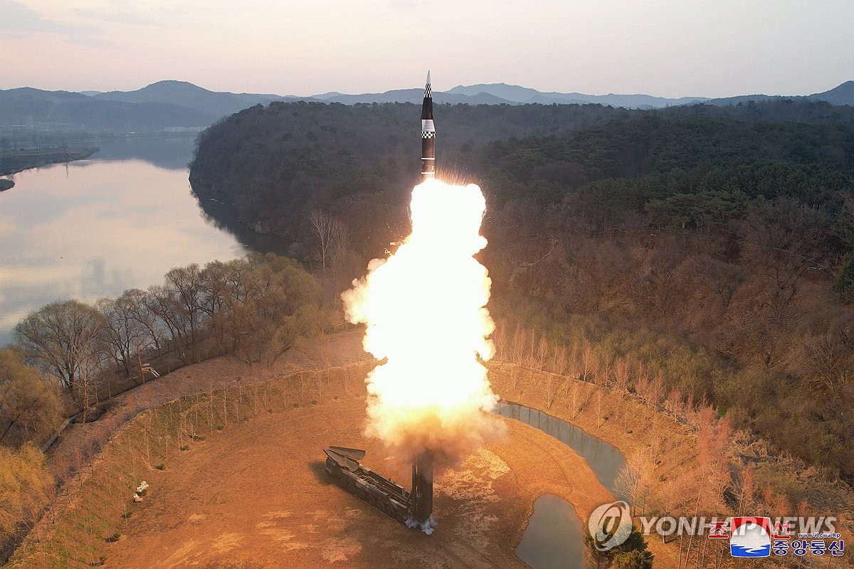 A Hwasongpho-16B, a new type of intermediate-range solid-fueled ballistic missile equipped with a newly developed hypersonic gliding warhead, is launched under the inspection of North Korean leader Kim Jong-un on April 2, 2024, in this photo released by the North's official Korean Central News Agency the following day. "The hypersonic glide warhead, separated from the missile after its launch towards the northeast at an army unit's training field on the outskirts of Pyongyang, reached its first peak at the height of 101.1 kilometers and the second 72.3 kilometers while making 1,000-km-long flight as scheduled to accurately hit the waters of the East Sea," the agency reported. (For Use Only in the Republic of Korea. No Redistribution) (Yonhap)