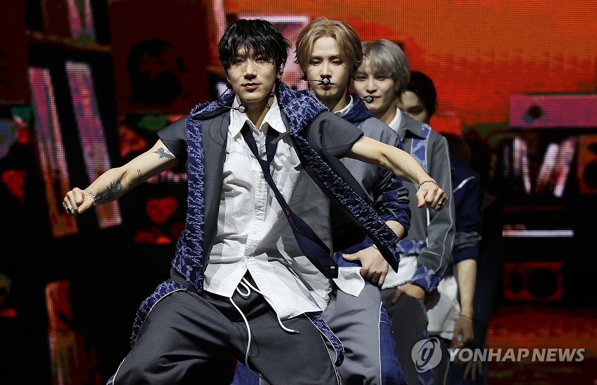 WayV, a subgroup of the larger K-pop group NCT, performs "Give Me That," the title track of its fifth EP of the same name, during a media showcase in Seoul on June 3, 2024. (Yonhap)